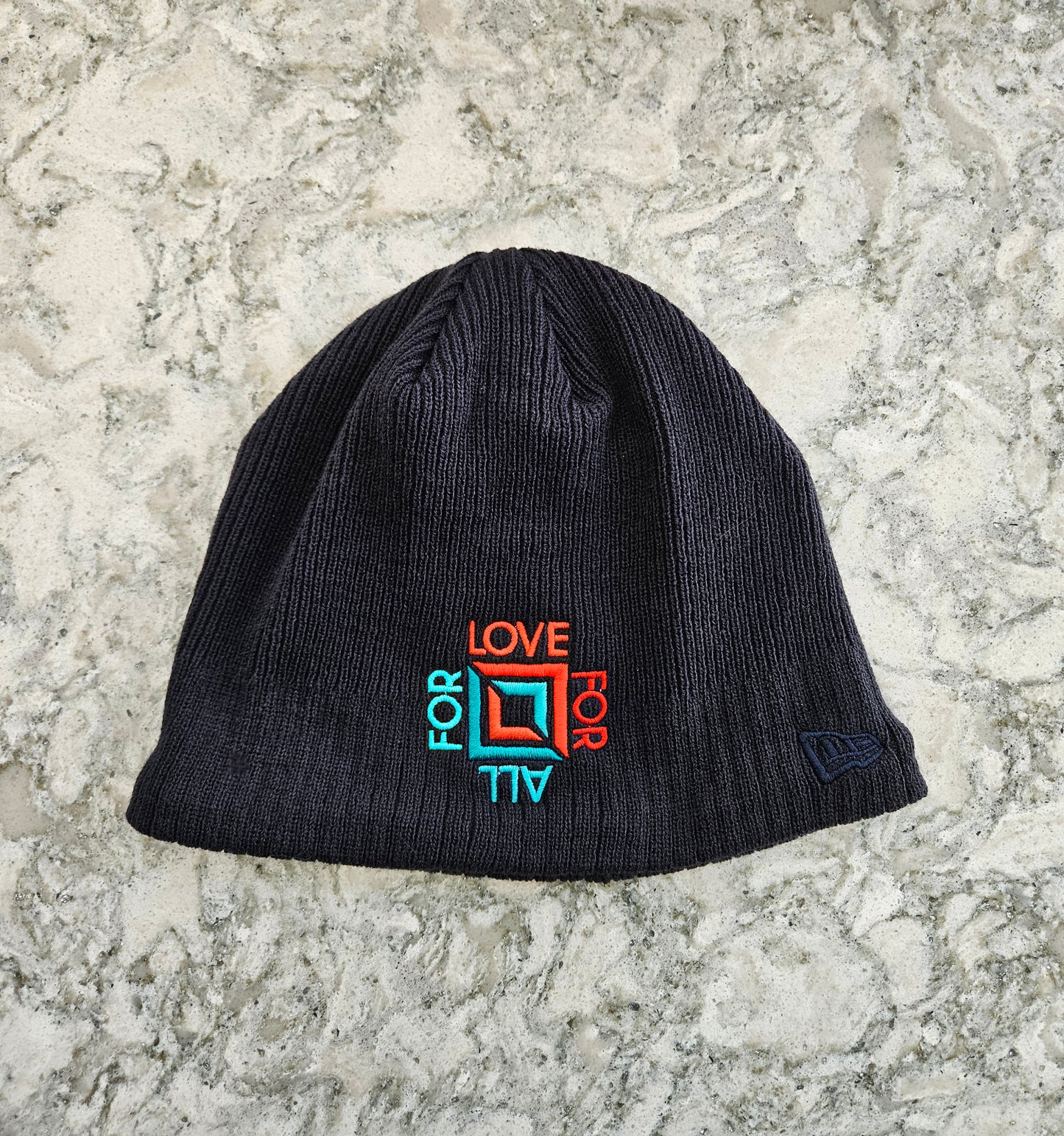 Black Beanie with Aqua/Red Logo Embroidery, No Cuff (Preorder)