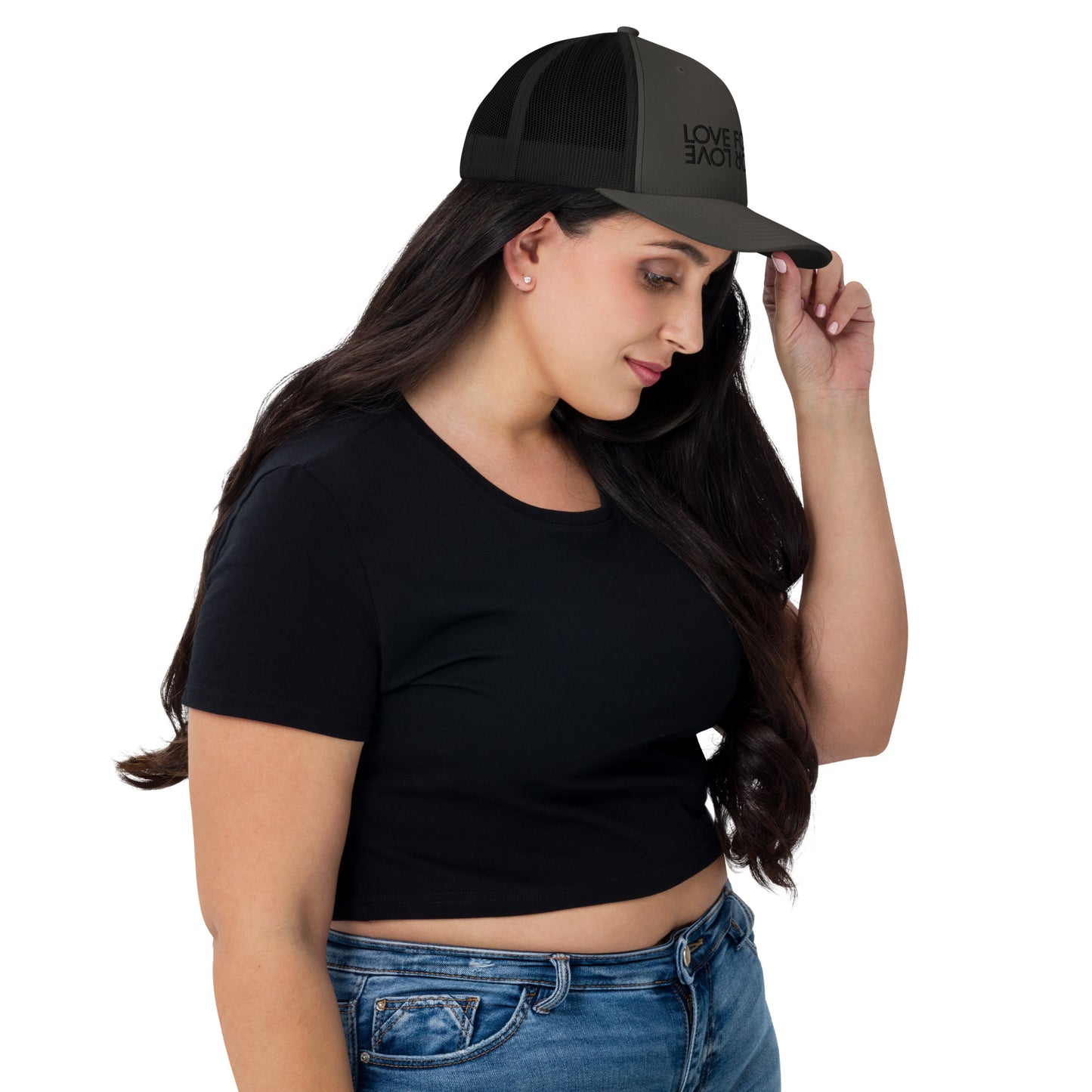 Love For All Puffy Black Embroidered Trucker Cap